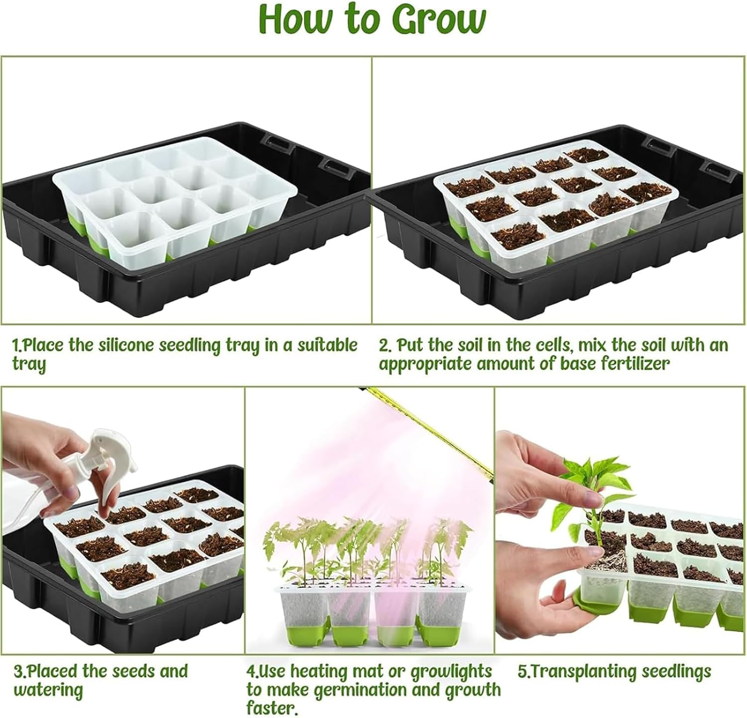 Yeanifeana Reusable Silicone Seedling Starter Tray, 12 Flexible Pop-Out Cells for Indoor Gardening, Greenhouse Planting, Durable Seed Pots & Growing Containers for Plants (5 Silicone Trays) image number 1