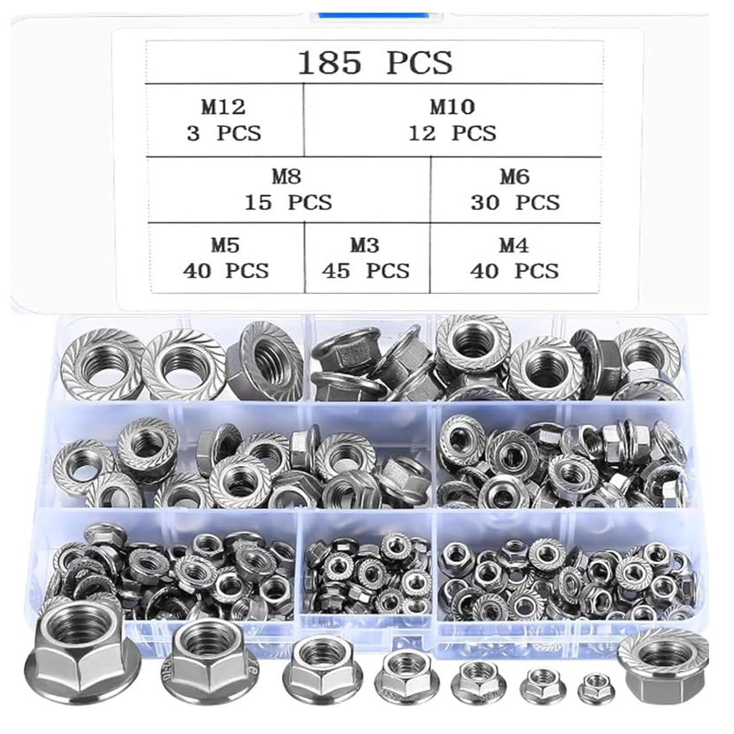 185PCS 7 Metric Sizes 304 Stainless Steel Hex Flange Nuts Assortment Kit M8 X 1.25Mm Serrated Flange Nuts -M3, M4, M5, M6, M8, M10, M12 image number 5