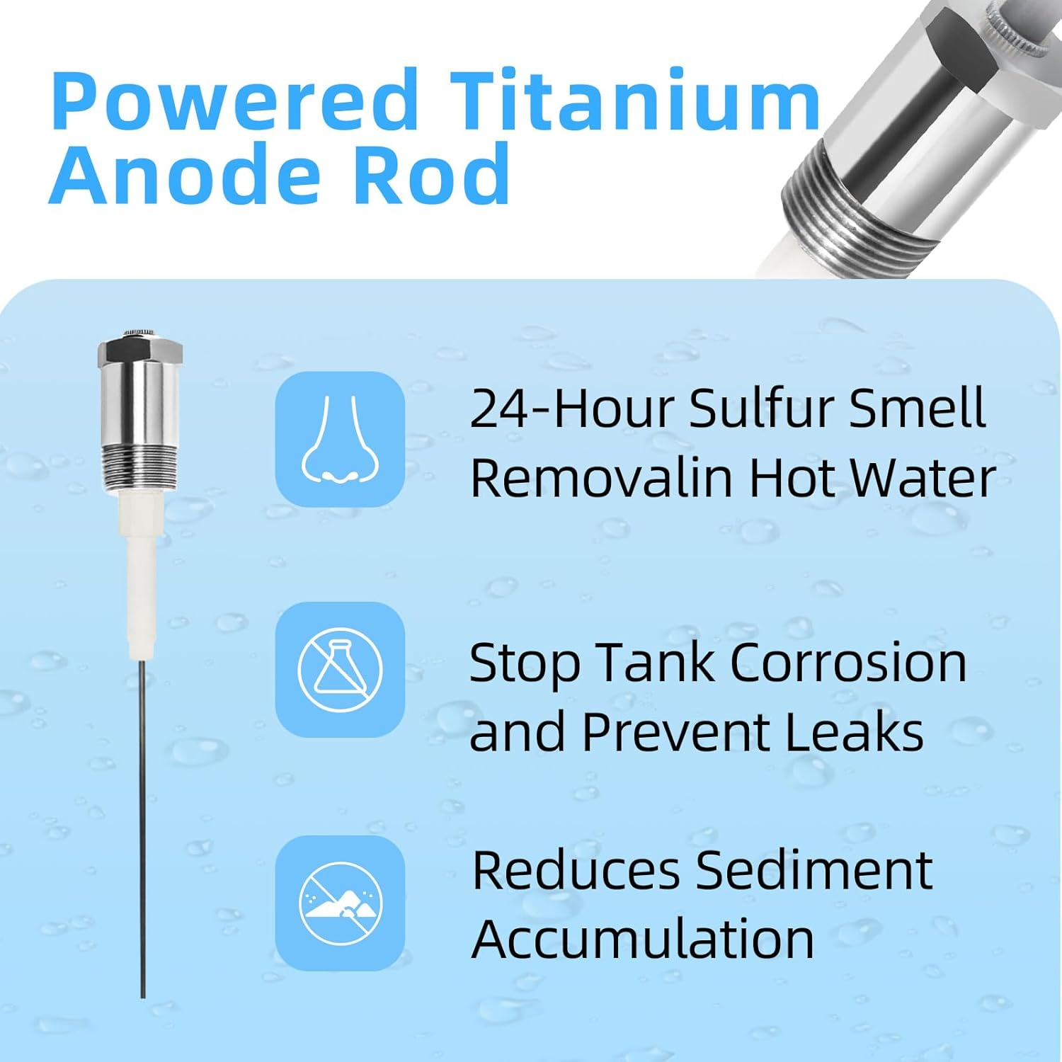 Powered Anode Rod for Water Heater Tank, Electrical Anode Rod, Eliminates Rotten Egg Smell (For 10-39 Gallon Tank) image number 1