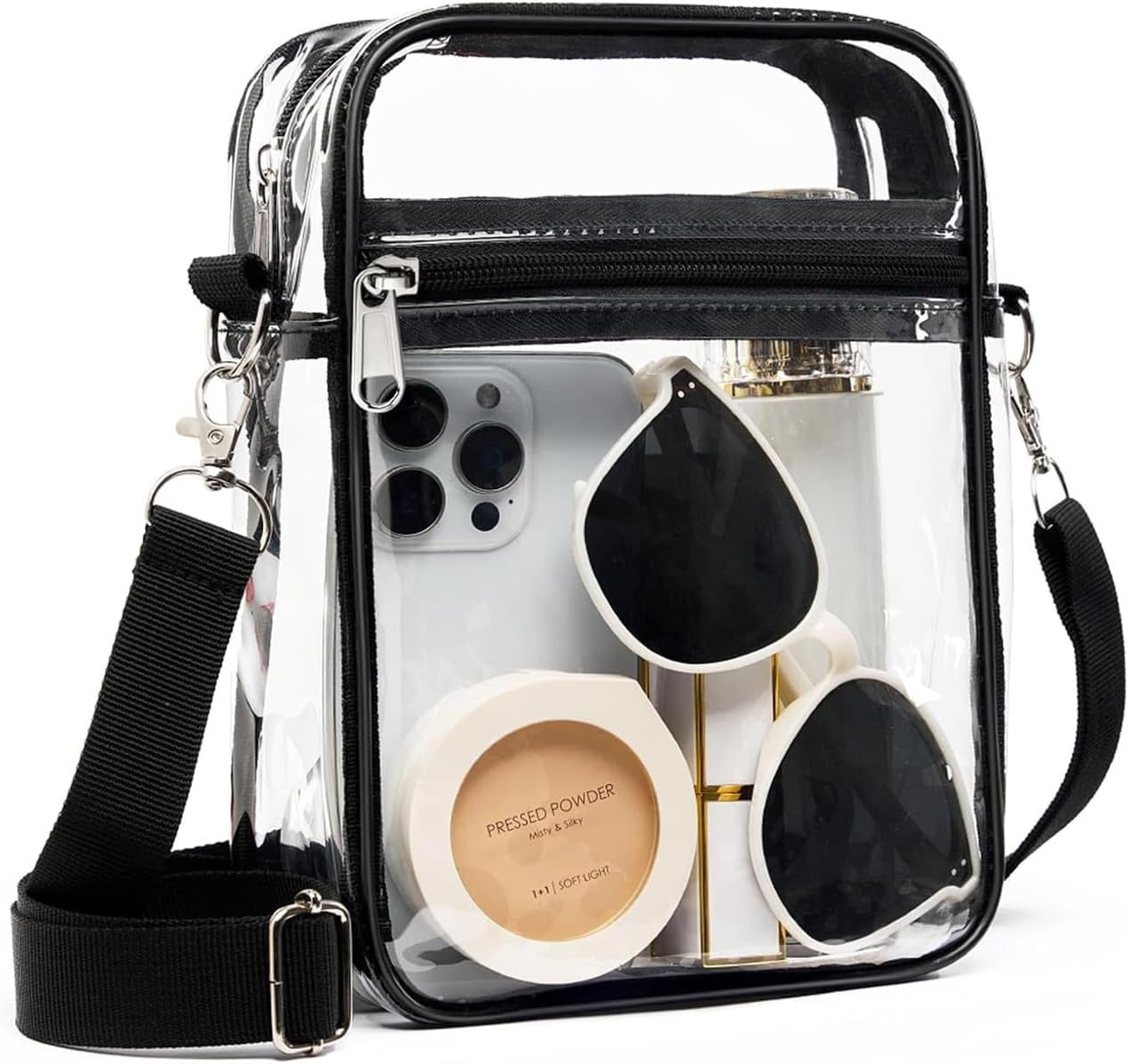 Supcomsta Clear Crossbody Bag, Clear Toiletry Bag with Color-Block Border, Double-Layered Clear Makeup Bag for Concerts Sports Festivals Toiletries, Wash Bag, Daily & Travel Use (Black, Large)