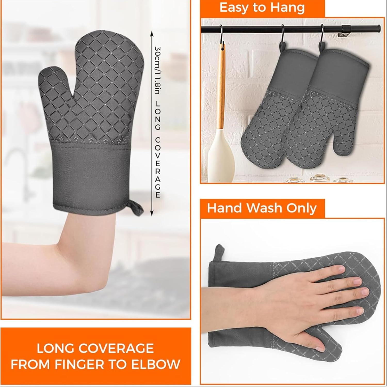 LF Line 2 Pcs Long Oven Mitts Heat Resistant for Kitchen, Kitchen Oven Gloves with Non-Slip Silicone Stripe Soft Cotton Lining, Silicone Oven Mitts for Cooking Baking BBQ Grey - Grey image number 3