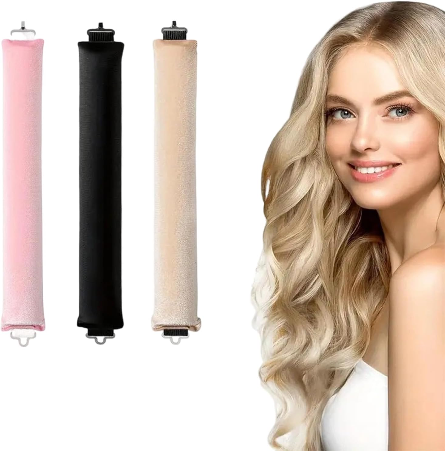 3Pcs Heatless Curl Rods, Heatless Hair Curler for Overnight Curls, No Heat Hair Rollers with Soft Velvet Material, Suitable for Long Short Hair (Black, Pink, Khaki) image number 4