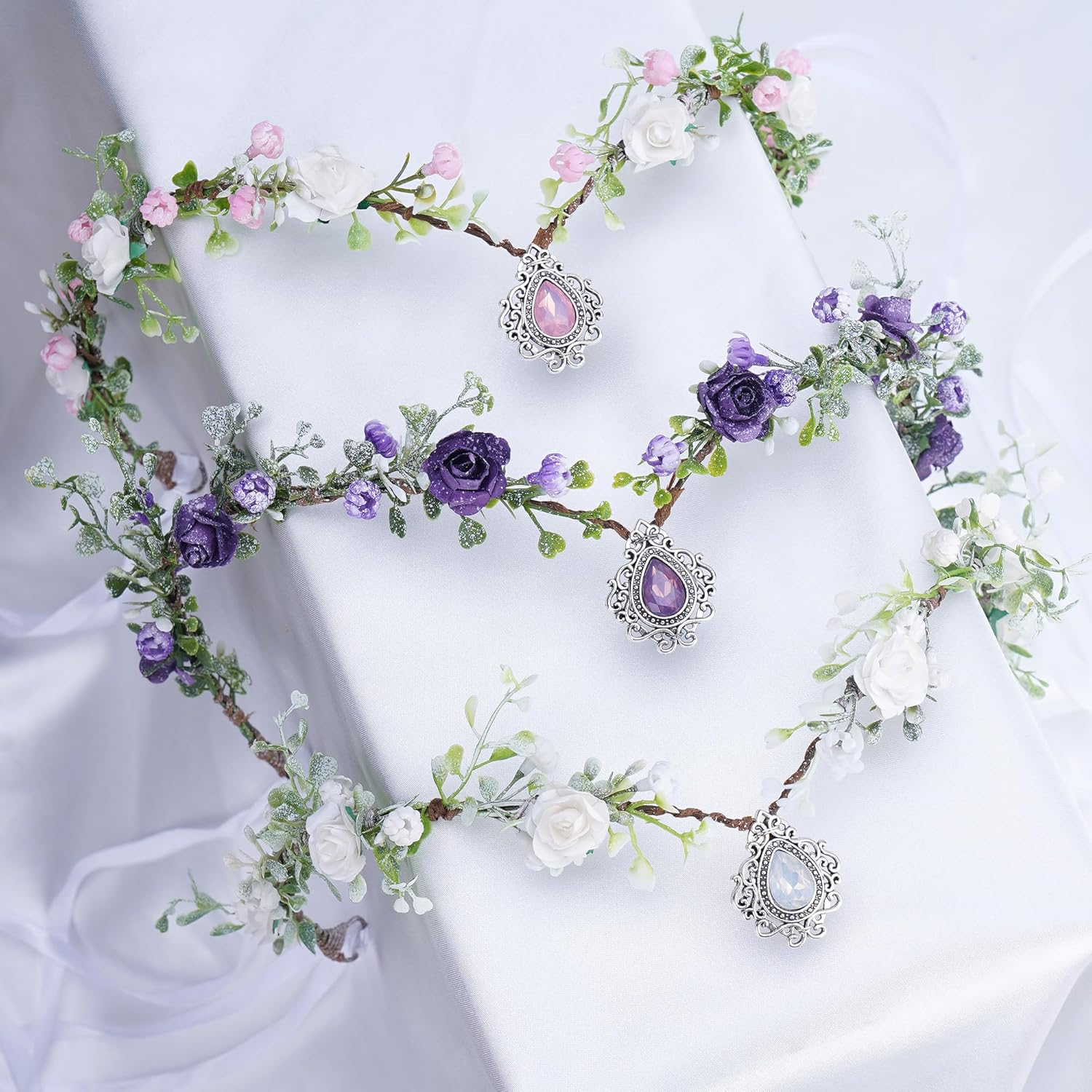 MOSTORY Elf Flower Fairy Crown - White Flowers Fairy Crown with Rhinestones for Women Cosplay Renfaire Accessories image number 2