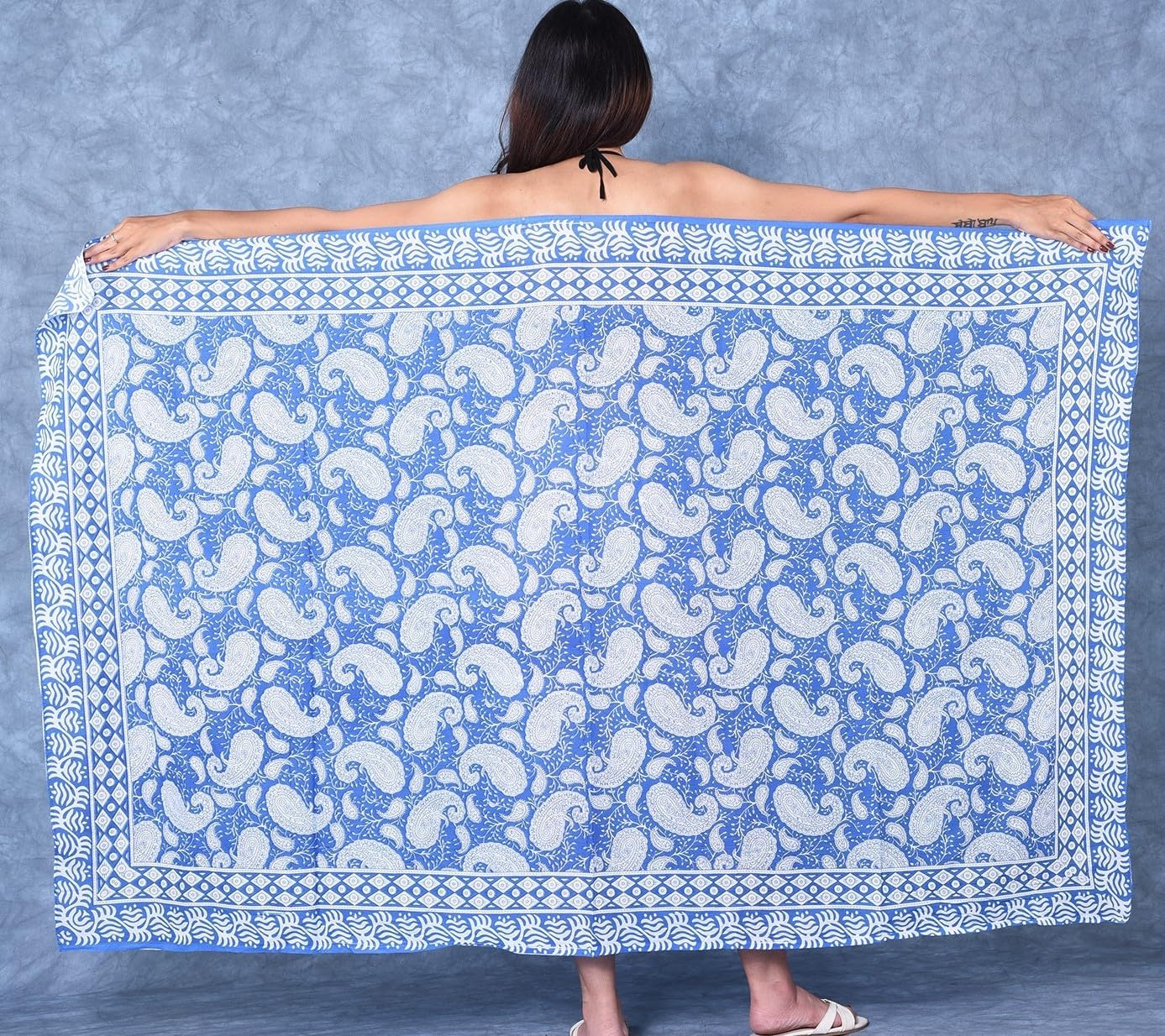 Rastogi Handicrafts 100% Cotton Block Print Sarong Swimsuit Wrap Cover up Long Women&rsquo;S Apparel Fabric (73" X 44") - Blue 2 image number 5