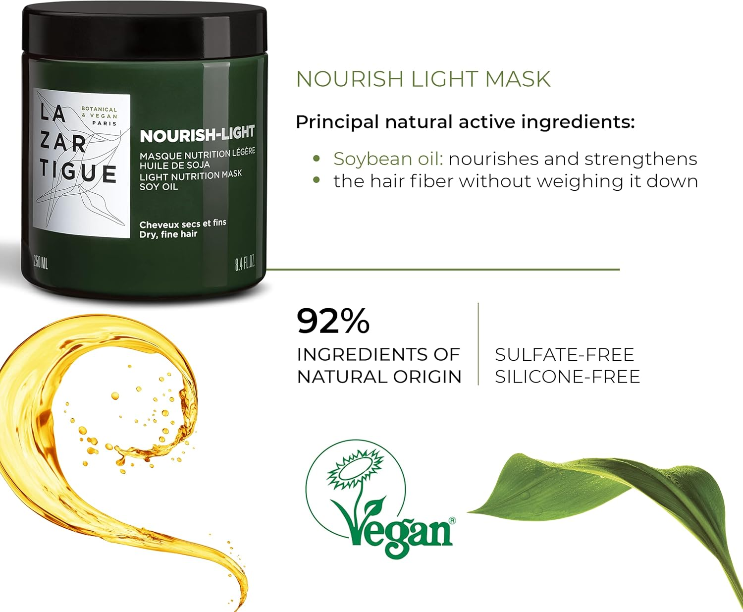 Lazartigue Nourish-Light Mask, Enhanced with the Richness of Soybean Oil, Strengthens Hair Fibers, Softens and Moisturizes Hair, 8.4 Fl Oz, Vegan, (10L01119B) image number 2