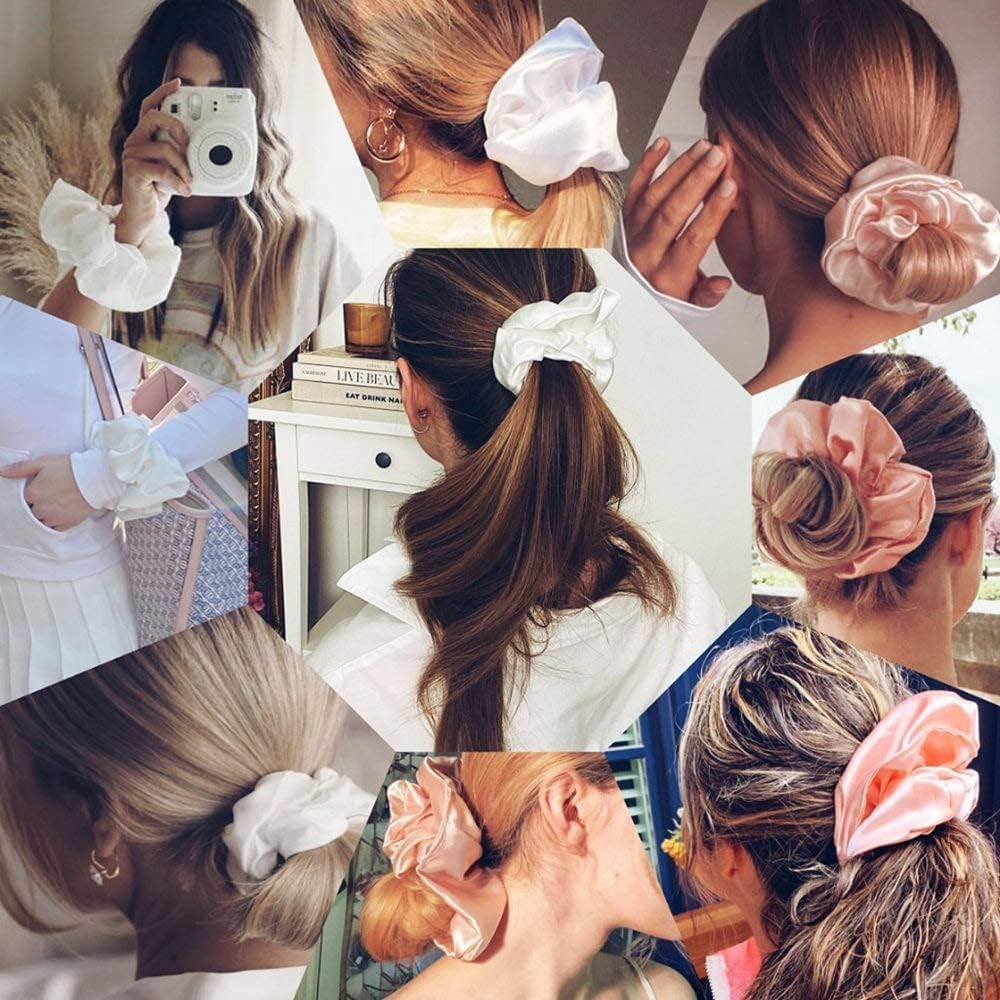 Pack of 4 Massive Silk Scrunchies, Oversized Scrunchies for Thick Hair, Satin Scrunchies, Hair Bobbles for Women (Black/Beige/Khaki/Turmeric)