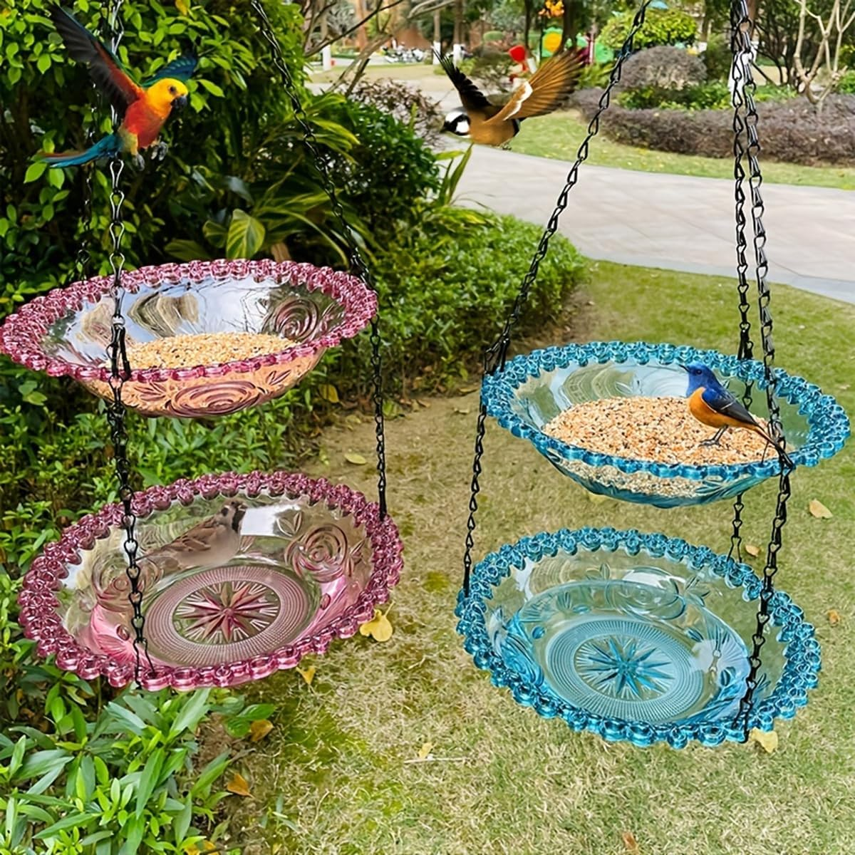 AIMALL Elegant Two-Tier Hanging Bird Feeder - Decorative Garden Bird Bath and Feeding Station, Perfect for Outdoor Decor