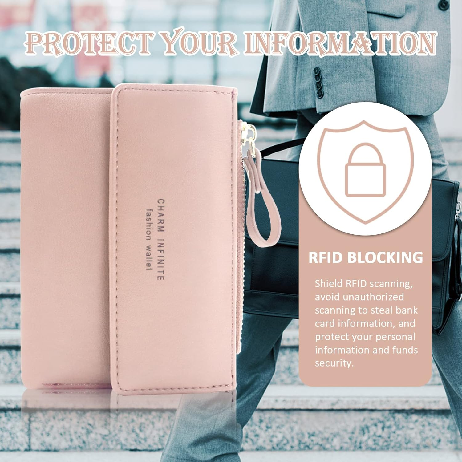 Bifold Leather RFID Blocking Wallet for Women Mini Ladies Purse with Coin Pocket, with Zipper Buckle, Credit Card Holder Coin Purse PU Small Short Wallet (Pink) image number 3