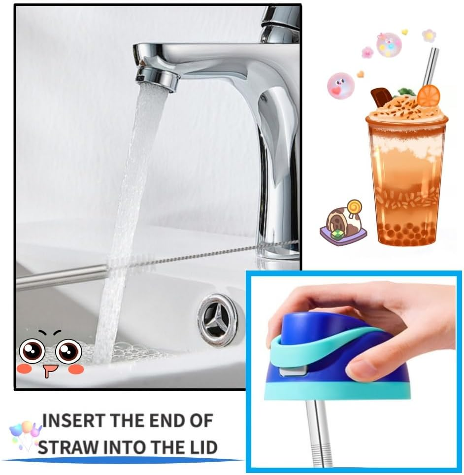 4Pcs Replacement Stainless Steel Straws Compatible with Water Bottle 24Oz 32Oz Reusable Straws with 2 Cleaning Brushes Metal Replacement Compatible with Owala