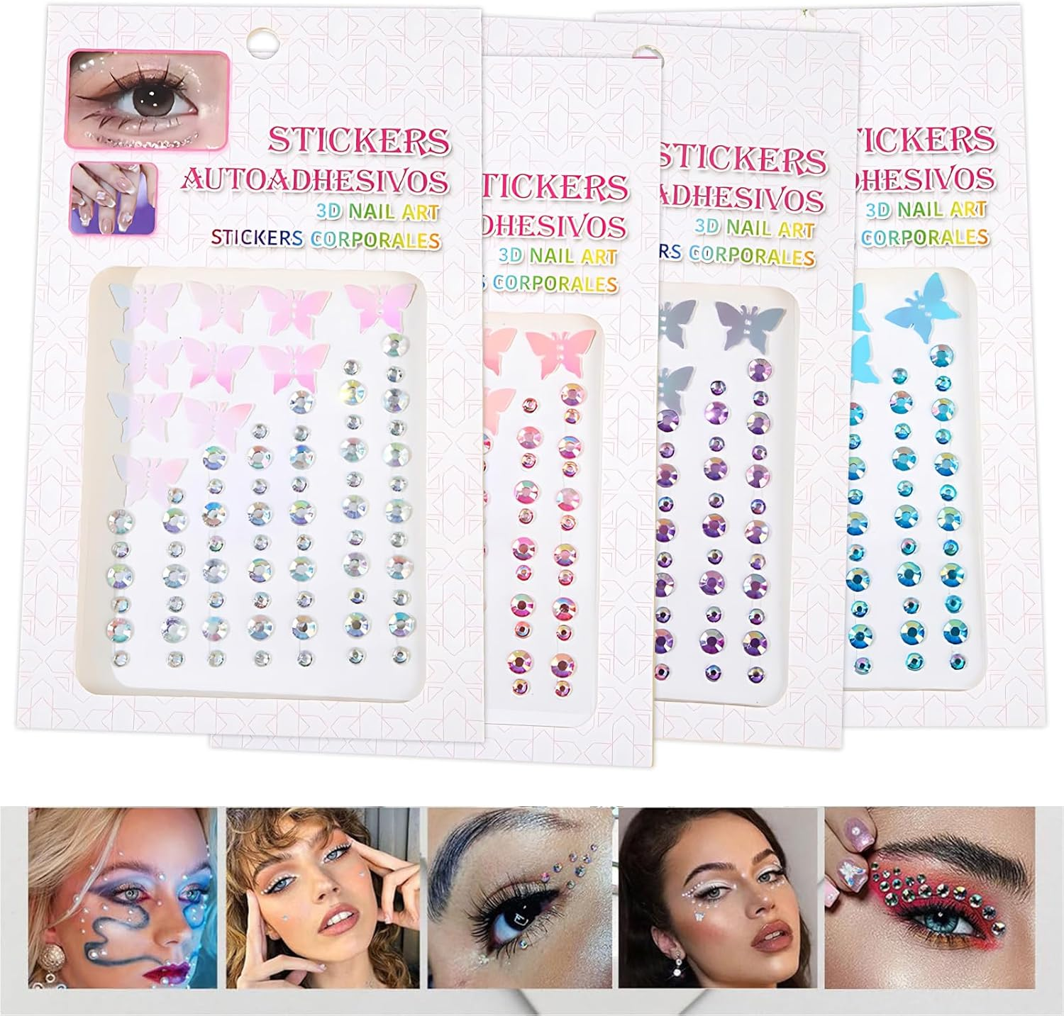 Kzvsiy 4 Sheets Butterfly Face Gems Rhinestone Stickers, Self-Adhesive Butterfly Glitter Tattoos for Eyes, Body, Hair & Nails, Rave Accessories and Party Decor Makeup Stickers for Women and Girls