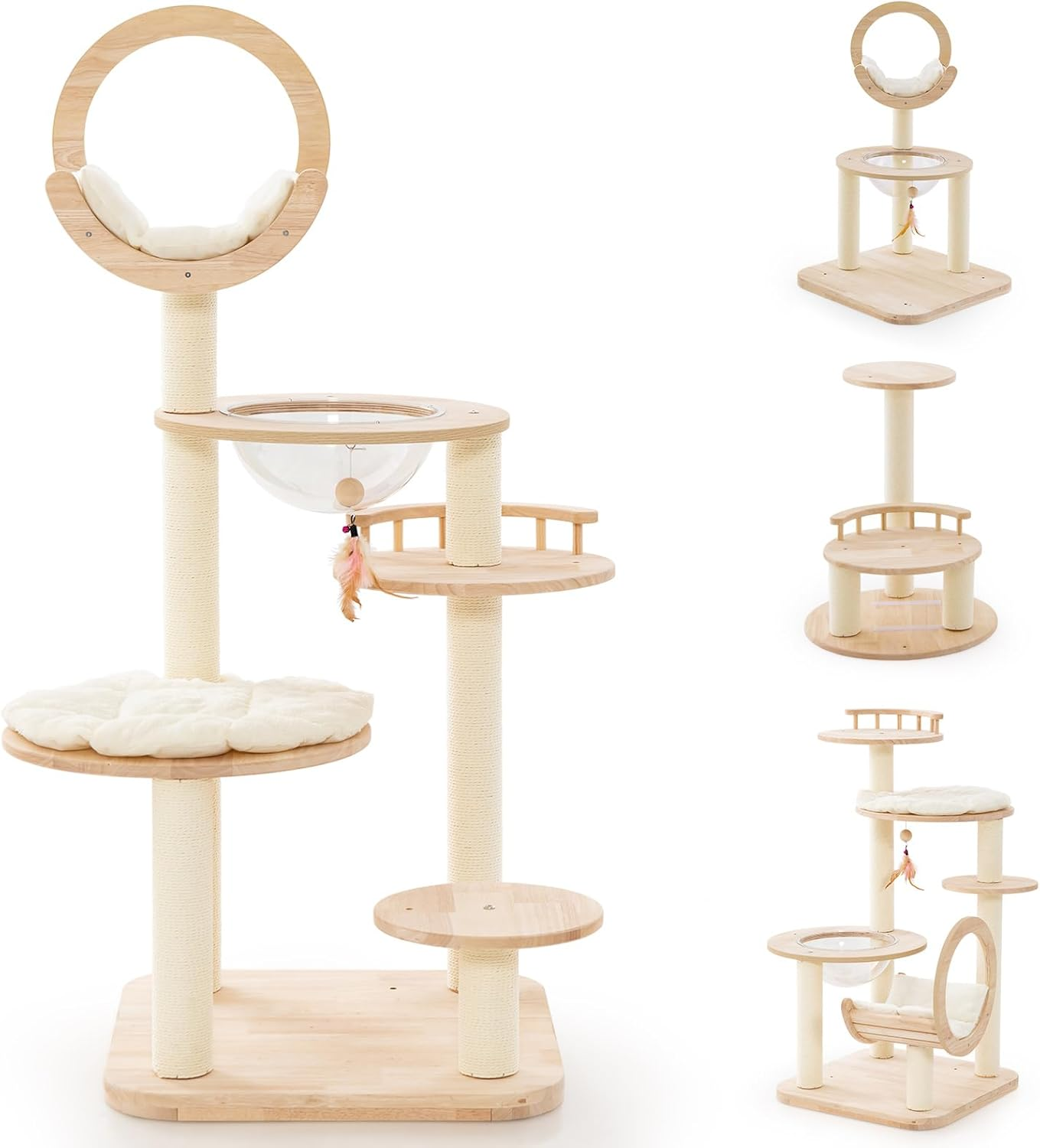 Costway Building Block Cat Tree, 4-In-1 Large Wooden Cat Tower with Space Capsule Nest, Sisal Scratching Posts, Padded Platform, Hanging Toy, Multi-Level Kitty Activity Center for Indoor Cats image number 6