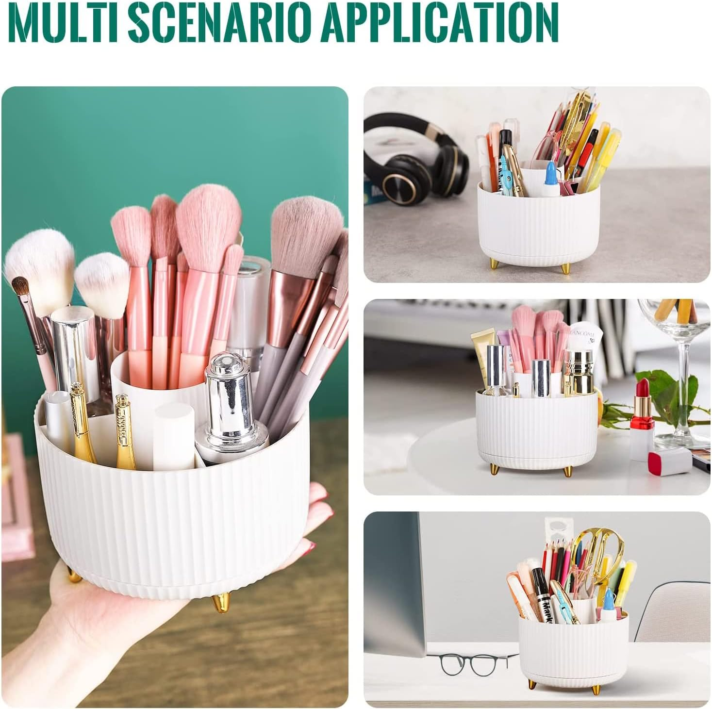 Yharnamite Makeup Brush Holder Organizer, 360&deg; Rotating Cosmetic Organizer, 5 Slot Make up Brushes Cup for Vanity Decor, Bathroom Countertops, Desk Storage Container, Cosmetic Display Cases (White) image number 6