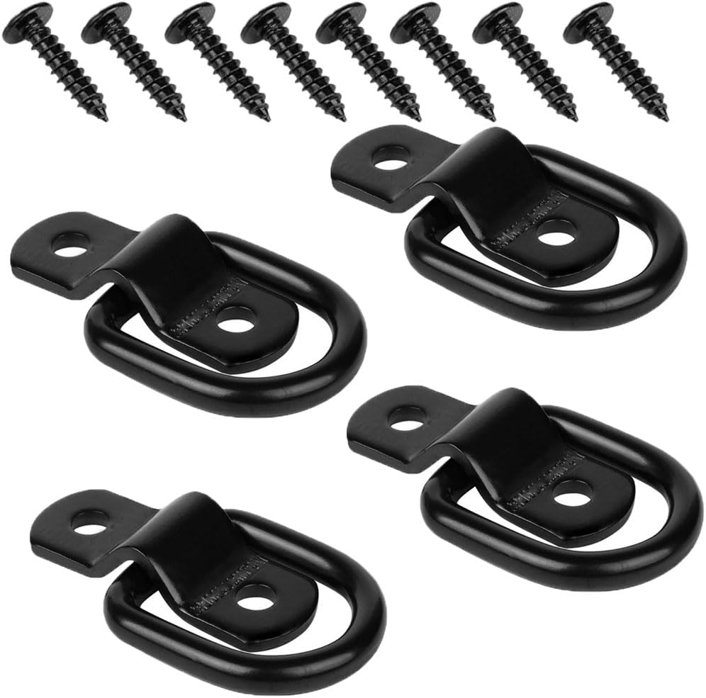 4 Pcs Heavy Duty Trailers Bracket Surface Mount Hooks, Esforzarse D Rings Tie down Anchors Hooks for Trailer Truck Bed Bracket Enclosed Points Pickup Camper Surface Mount D-Ring Heavy Duty, Black