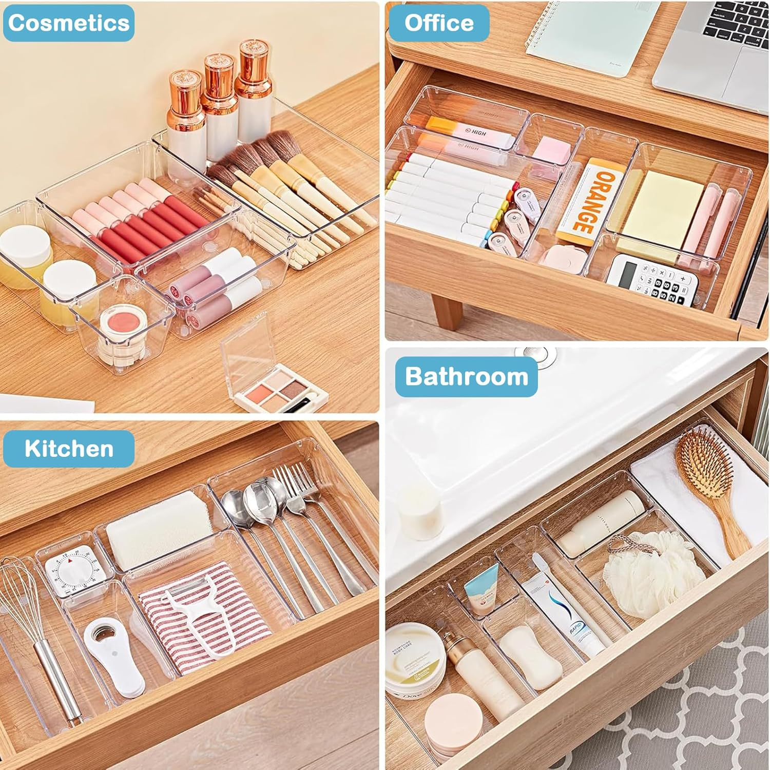 44 PCS Clear Plastic Drawer Organizers Set Bathroom and Vanity Organizer Trays Non-Slip Storage Containers for Makeup Jewelries Bedroom Office image number 4