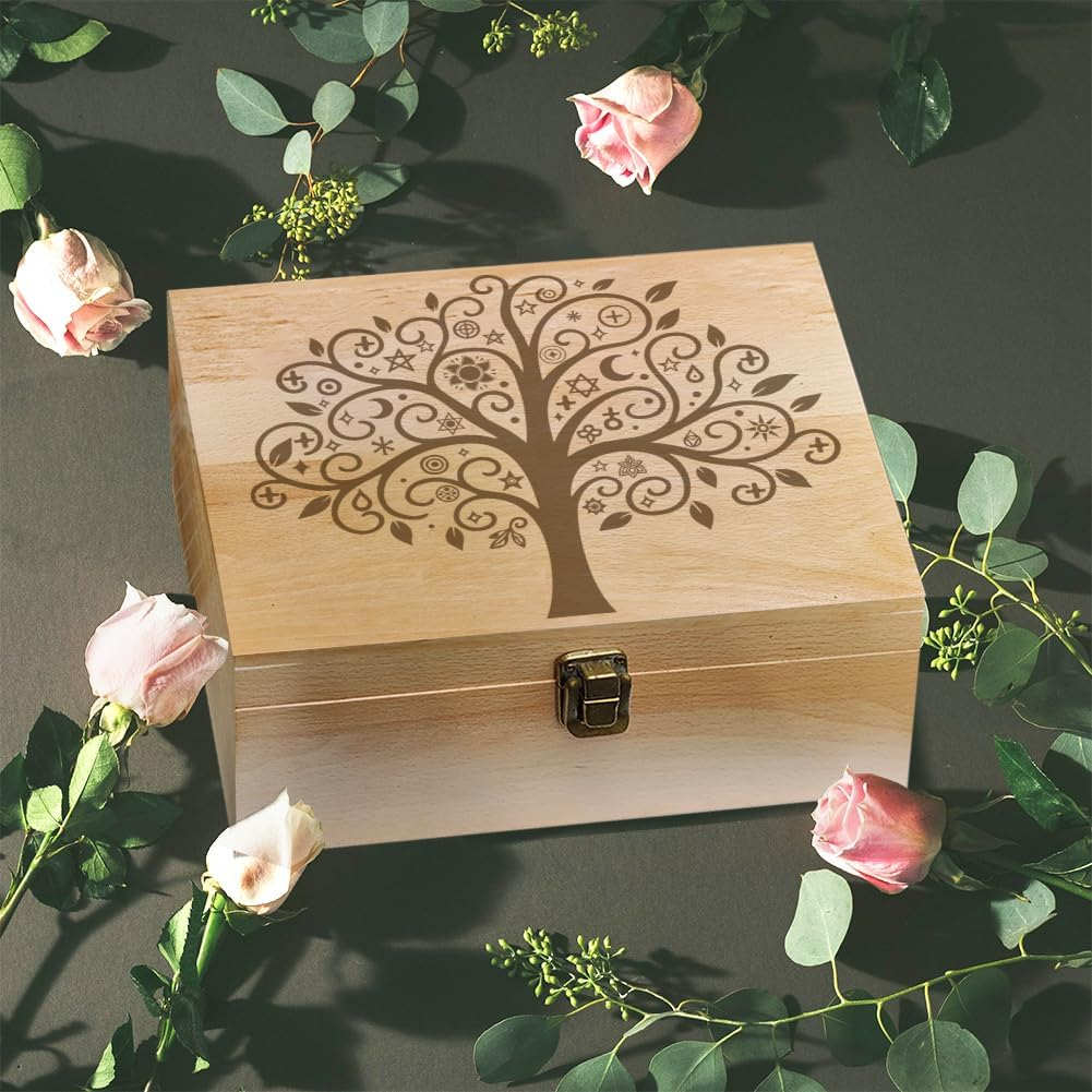 Arricraft 1 Pc Wooden Memory Keepsake Box, Curled Tree Mandala Stars Pattern Storage Decorative Memory Wooden Box with Hinge Lids for Photos Dvds Letters Holding 24.5X19.5X10.3Cm