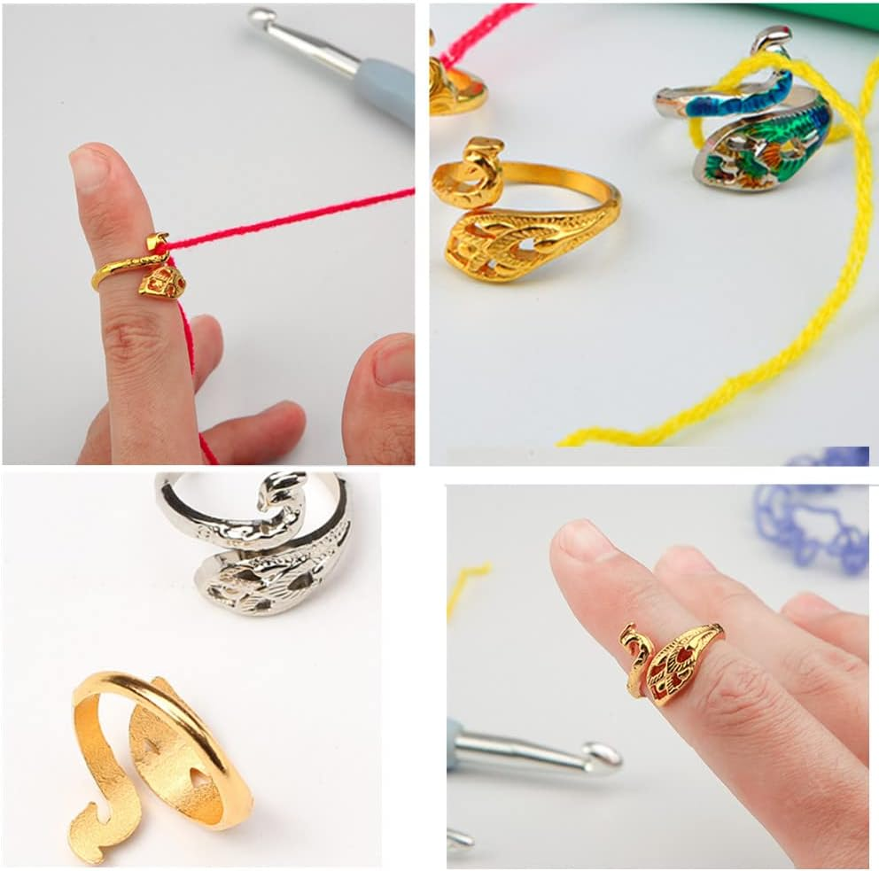 16 Pcs Knitting Crochet Loop Ring for Fingers, GYWHOOFT Adjustable Crochet Tension Ring, Metal Open Yarn Guide Holders, Knitting Thimbles for Crochet, Hand-Made Faster Crocheting Knitting Accessories