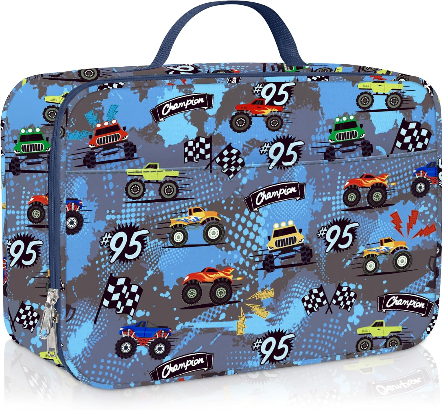 Clastyle Car Insulated Kids Lunch Bag Truck Large Thermal Cooler Bag for Boy Picnic School Lunch Box Tote,Racing Flag image number 6