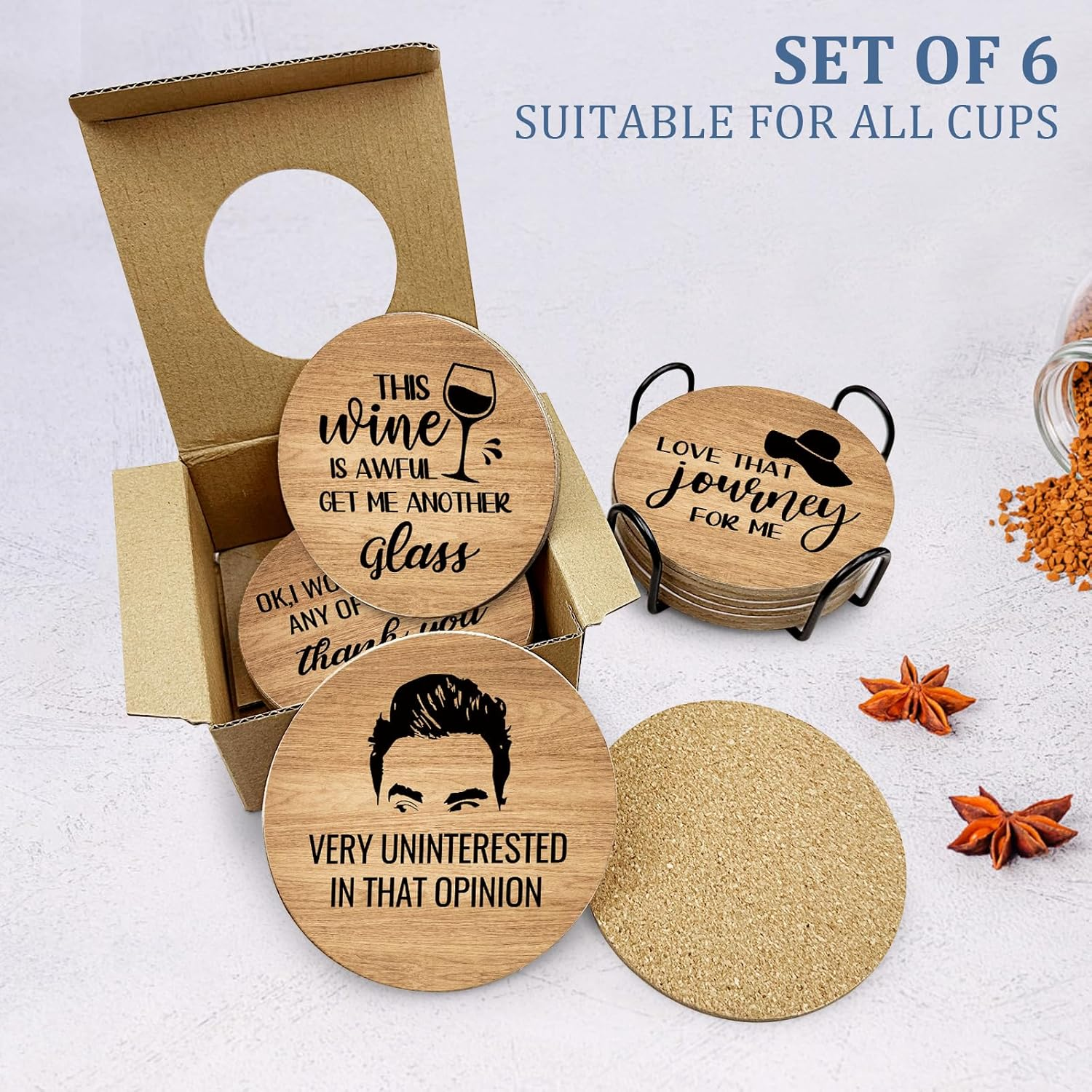6 PCS Funny Cork Coasters for Drinks,Schitts TV Show Merchandise Coasters Set with Coaster Holder,Coffee Table Tea Table Bar,Schitts TV Themed Coasters Gifts for Fans image number 4