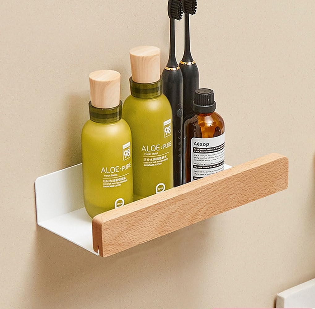 Wall Mounted Floating Metal Shelf Ledge, White Bathroom Shelf Wall Mount Shelf Decorate with Solid Wood Edges Space Saving Rustproof Extra Strong Floating Shelves Storage Shelf (20 Cm) image number 5