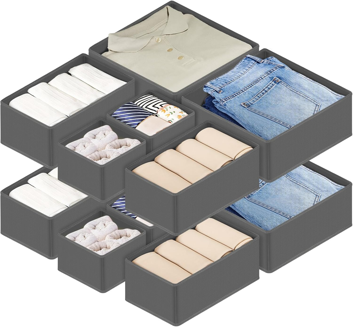 12 Pack Clothes Drawer Organiser, Foldable Drawer Organizers for Clothing, Stackable Storage Bins for Socks Bra Towels Ties (Grey)