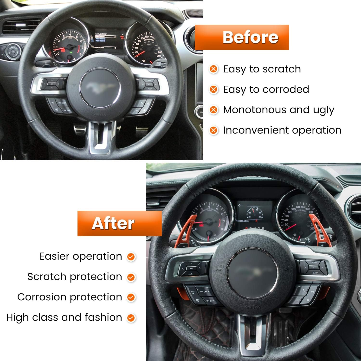 Steering Wheel Shift Paddle Extended Shifter Trim Cover for Ford Mustang 2015 2016 2017 2018 2019 2020 2021 2022 2023 Interior Decoration Accessories Aluminum Alloy (Orange 2PCS) image number 4