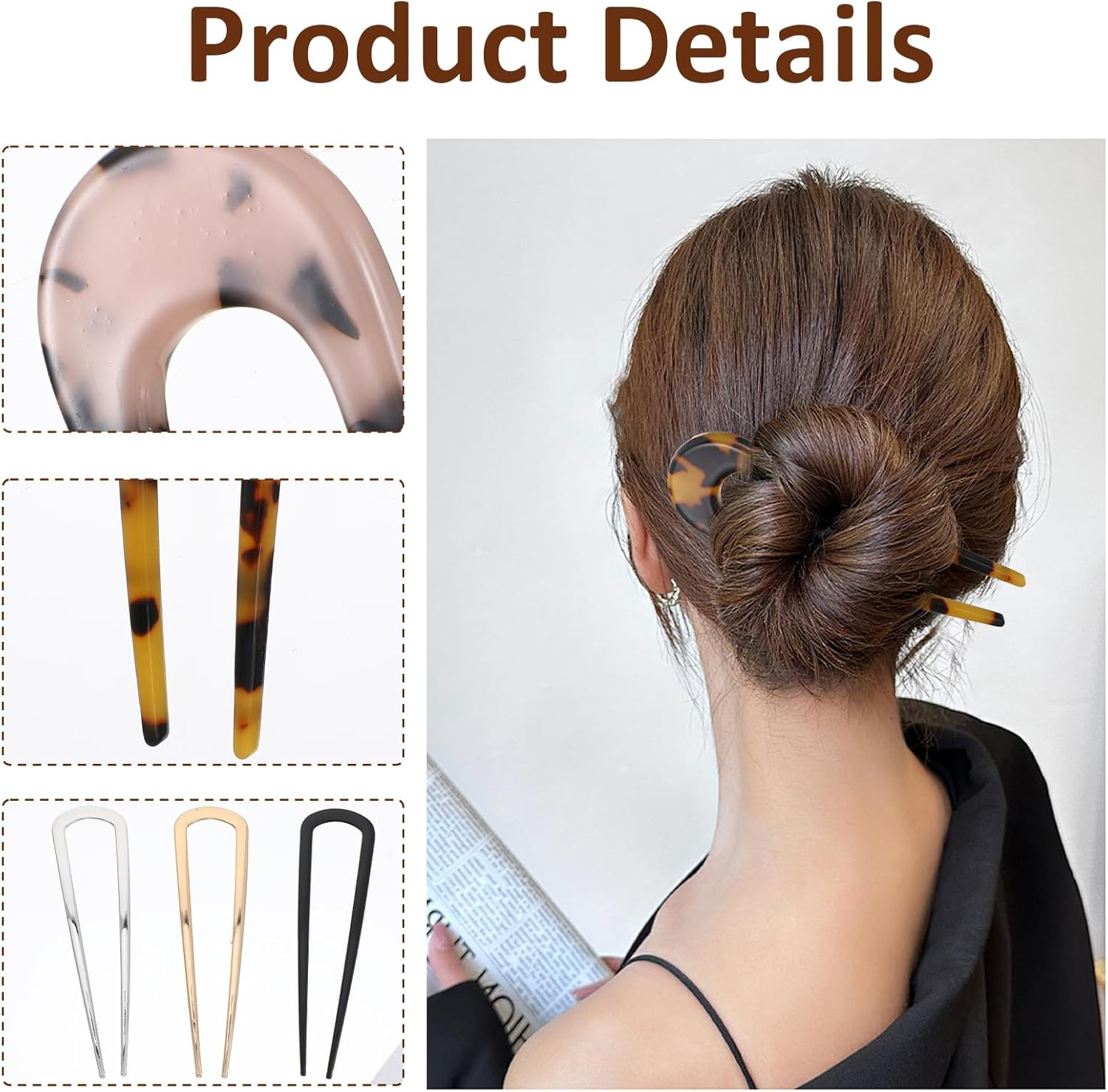 Pack of 5 French Hair Pins, U-Shaped French Hair Pins, French Twist Hairs Pin, Vintage French Hairs Pins, Hair Clips for Women Girls Hair Style (Gold, Silver, Black, Tortoiseshell) image number 5