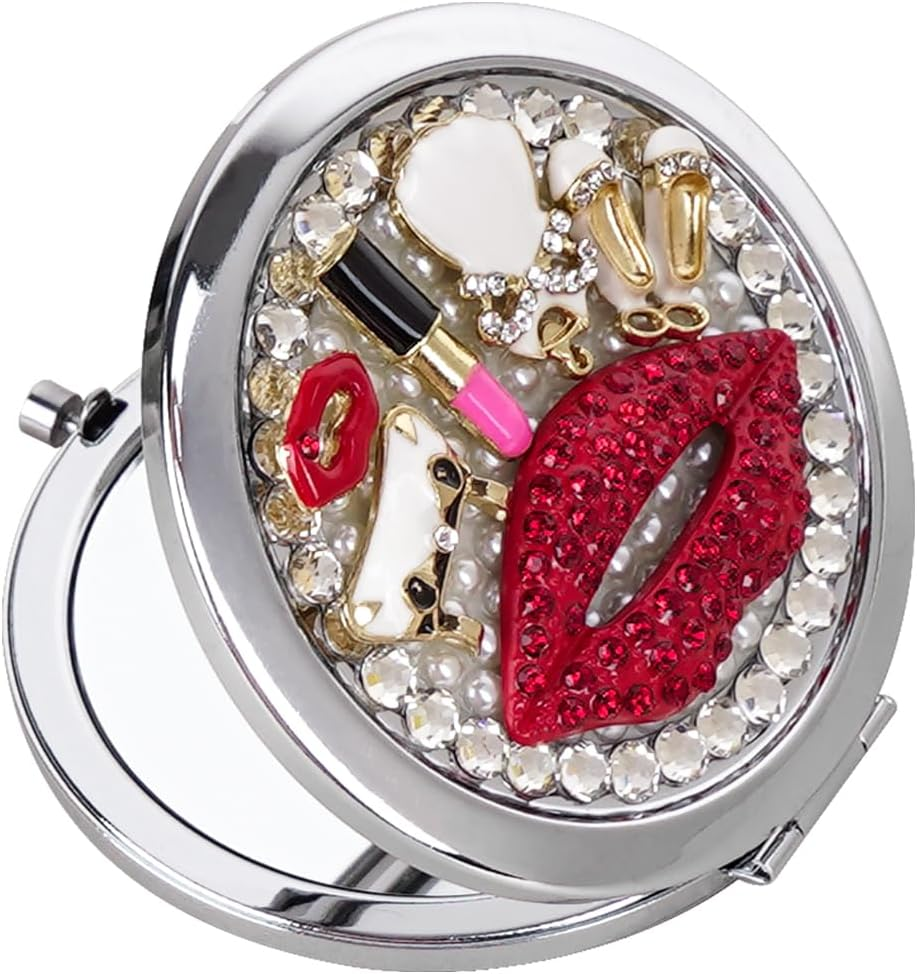 JANKOW Red Lips Mirror, Rhinestone Compact Mirror, Pearl Makeup Mirror Travel Vanity Mirror Beauty Mirror Make up Mirror Double-Sided Makeup Mirror, for Women and Girl Travel Makeup Mirror (1 Pcs) image number 4