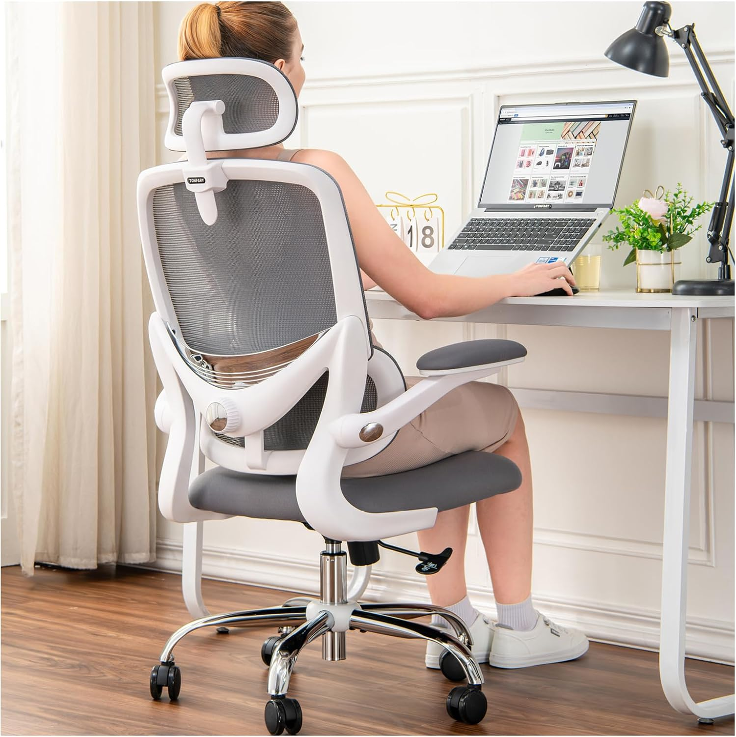 TONFARY Ergonomic Home Office Chair, High Back Mesh Desk Chair with Adjustable Lumbar Support, Flip-Up Armrest, Removable Headrest, Swivel Computer Gaming Chair, Space Saving, 150KG (White+Grey)