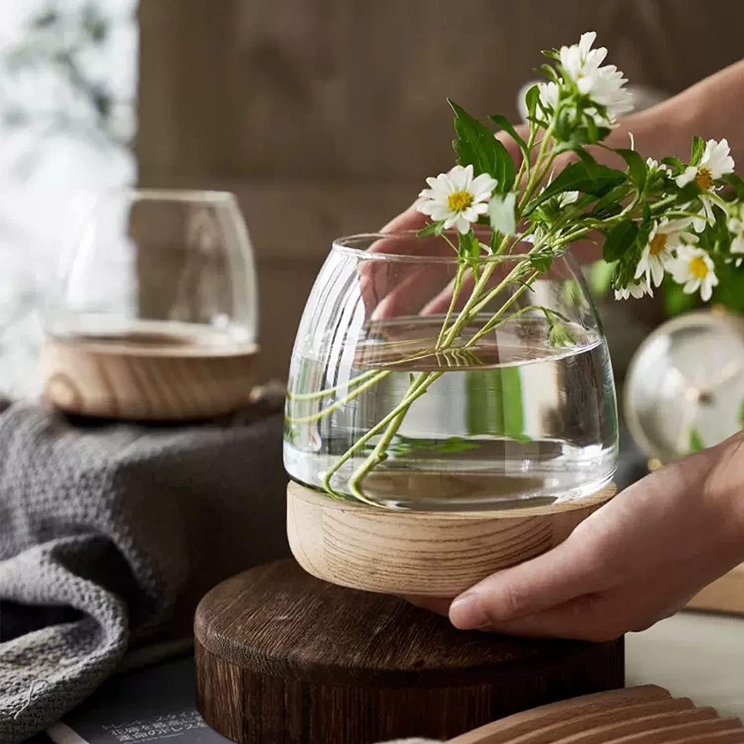 Glass Hydroponic Plant Terrarium, Clear Glass Fish Tank Bowl for Plant and Betta Fish, Unique Fish Bowl Aquarium with Wood Base Zzhugyin (C) image number 6