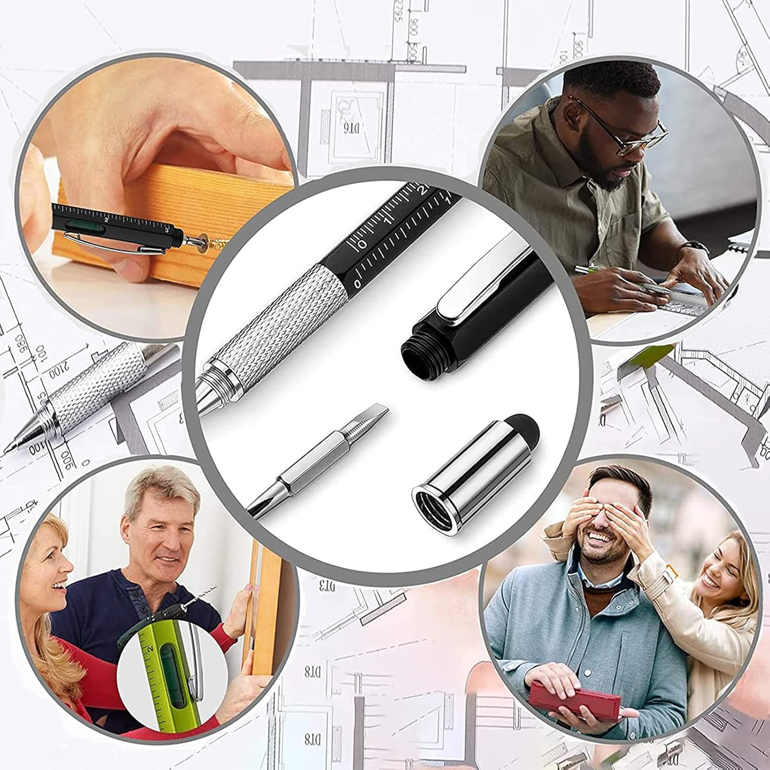 YUENTOEN 8Pcs 6 in 1 Multifunction Pen Tool, Multitool Pen Set with Extra Refills Set, Touch Screen Stylus, Ruler, Levelgauge, Flat Head and Phillips Screwdriver image number 2