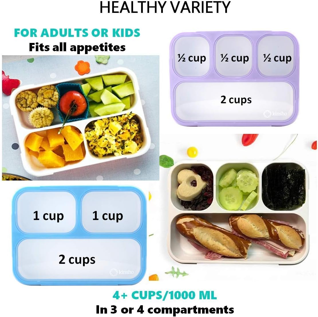 Kinsho Leakproof Bento Lunch Boxes for Teens, Adults, Women, Boys (Blue Purple Large 2 Pack)