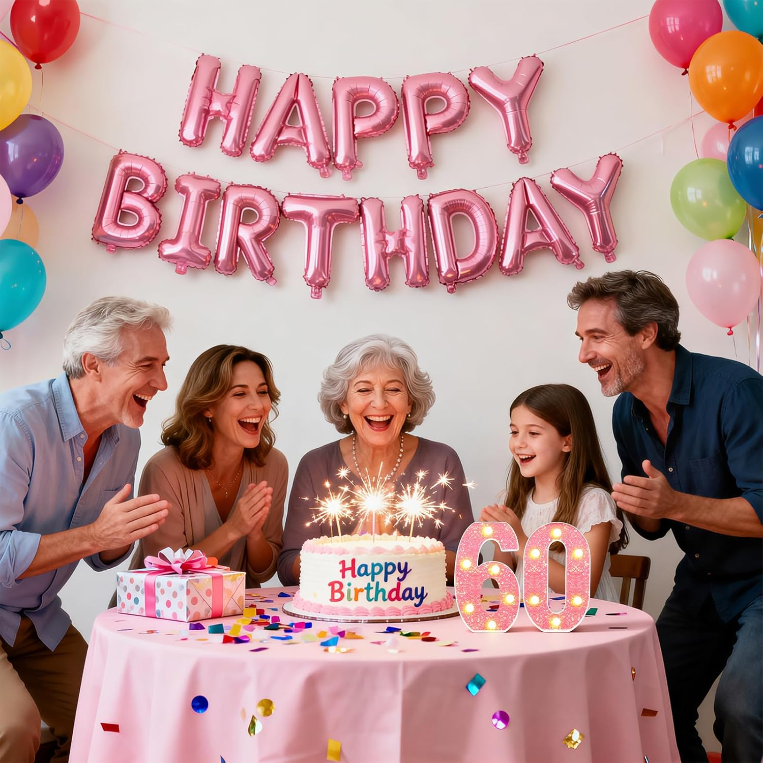 60Th Birthday Decorations LED Light up Numbers, Pink Marquee Lights Number 60 Sign for Girls Birthday Party Anniversary Home Decor image number 5