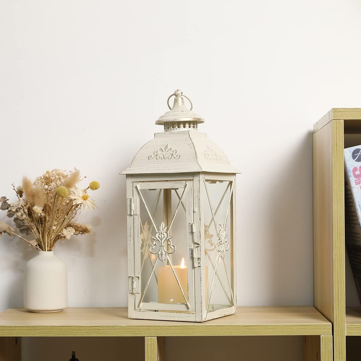 TRIROCKS Vintage Hanging Lantern - 34Cm Decorative Metal & Tempered Glass Candle Holder - Ideal for Indoor/Outdoor Events, Patio, Garden, Parties - Elegant Design with White & Gold Brush Finish image number 3