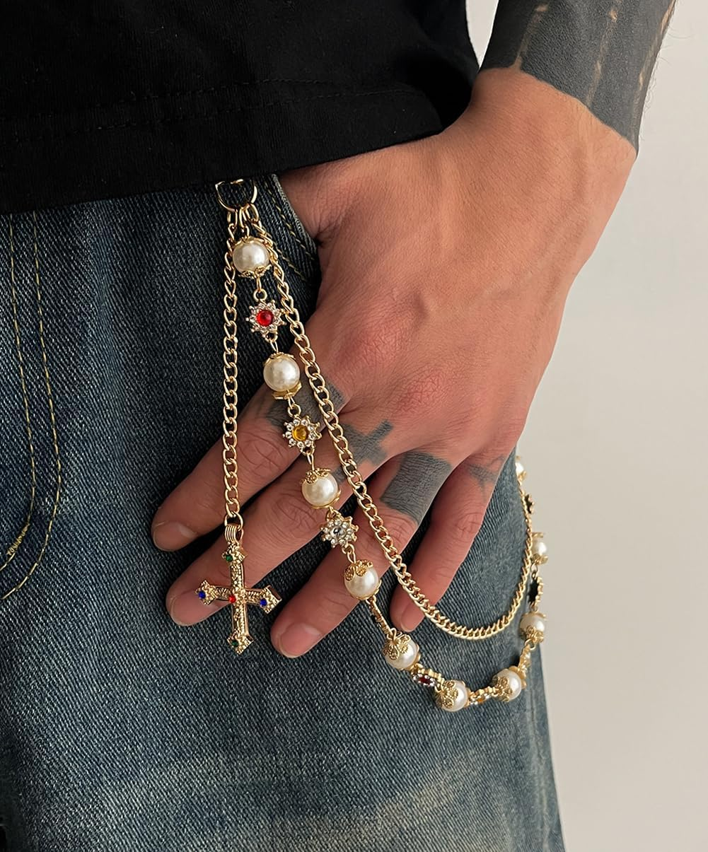 Layered Cross Pants Wallet Chains for Women Exquisite Gold Silver Crystal Pearl Jean Pocket Chain Bag Purse Charms Punk Jewelry for Women Men - Silver Link image number 5