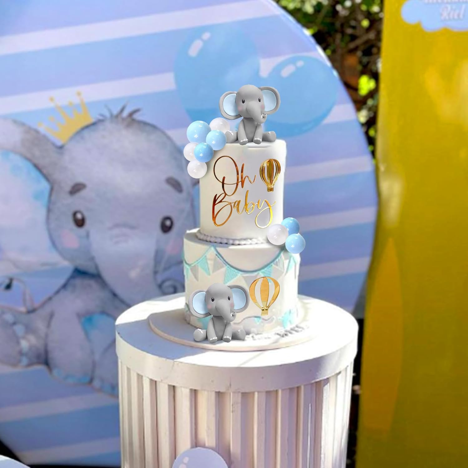 Elephant Cake Decoration with Mini Elephant Oh Baby Cake Topper Blue White Pearl Balls Hot Air Balloon for Baby Shower Boy Elephant Theme Birthday Party Supplies (BLUE) image number 5