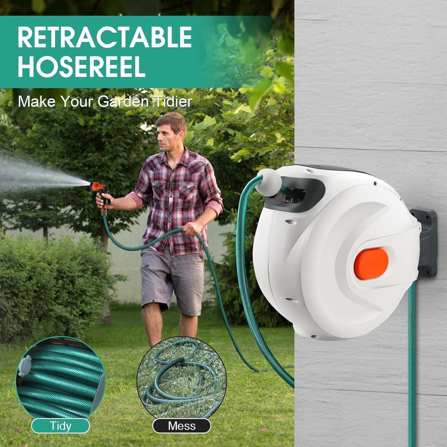 Retractable Garden Hose Reel,20M Garden Hose Reel Wall Wounted,Self-Locking System/Auto Rewind/Wall Loumted/180&deg;Swivel Bracket/Multi-Function Spray Nozzle for Garden Lawn Garage Watering image number 5