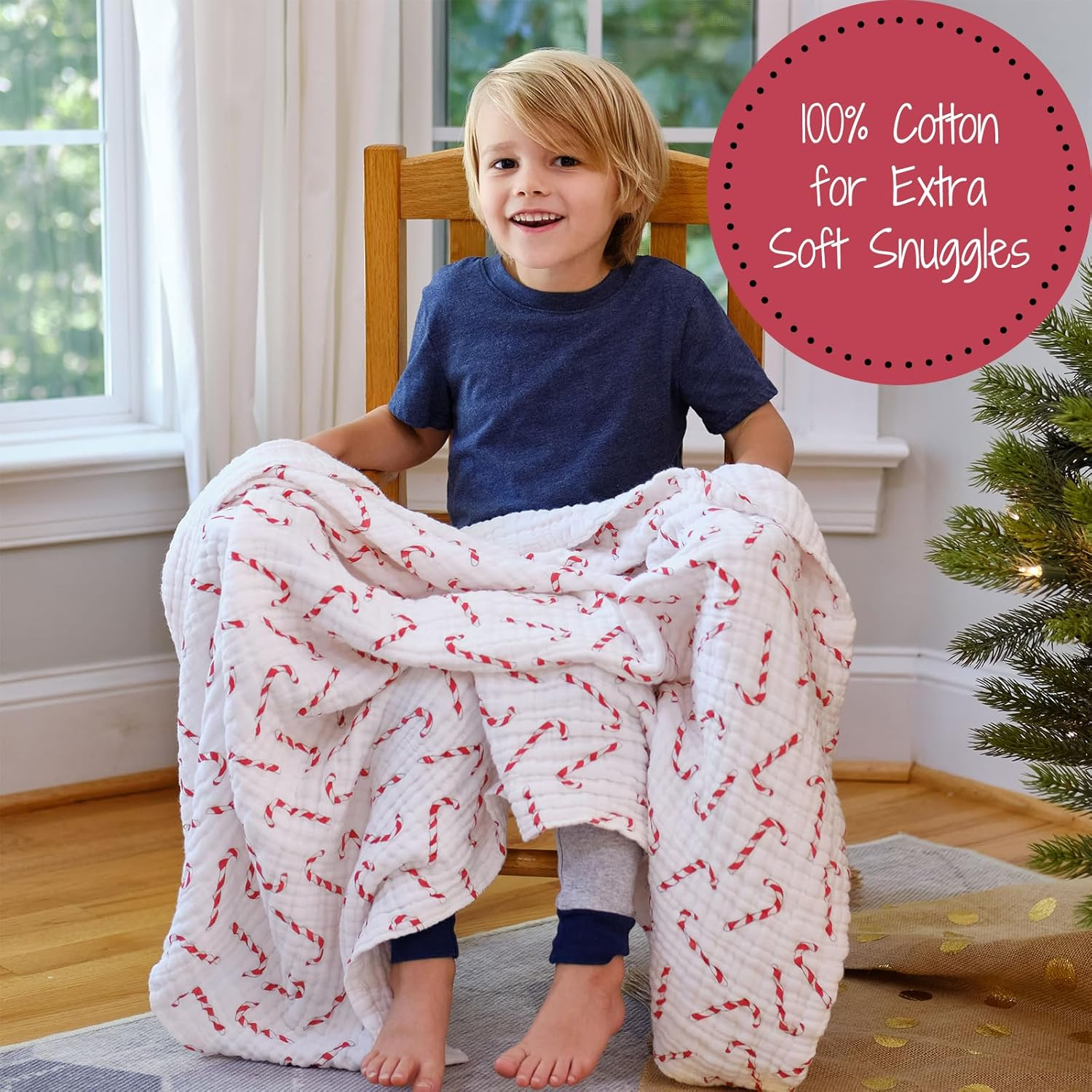 Lollybank Muslin Baby Quilt, 100% Cotton Neutral Baby Blanket, 6-Layer Lightweight Toddler Quilt, Soft and Breathable Newborn Blanket for Boys and Girls, Newborn Essentials (Candy Cane Print) image number 5