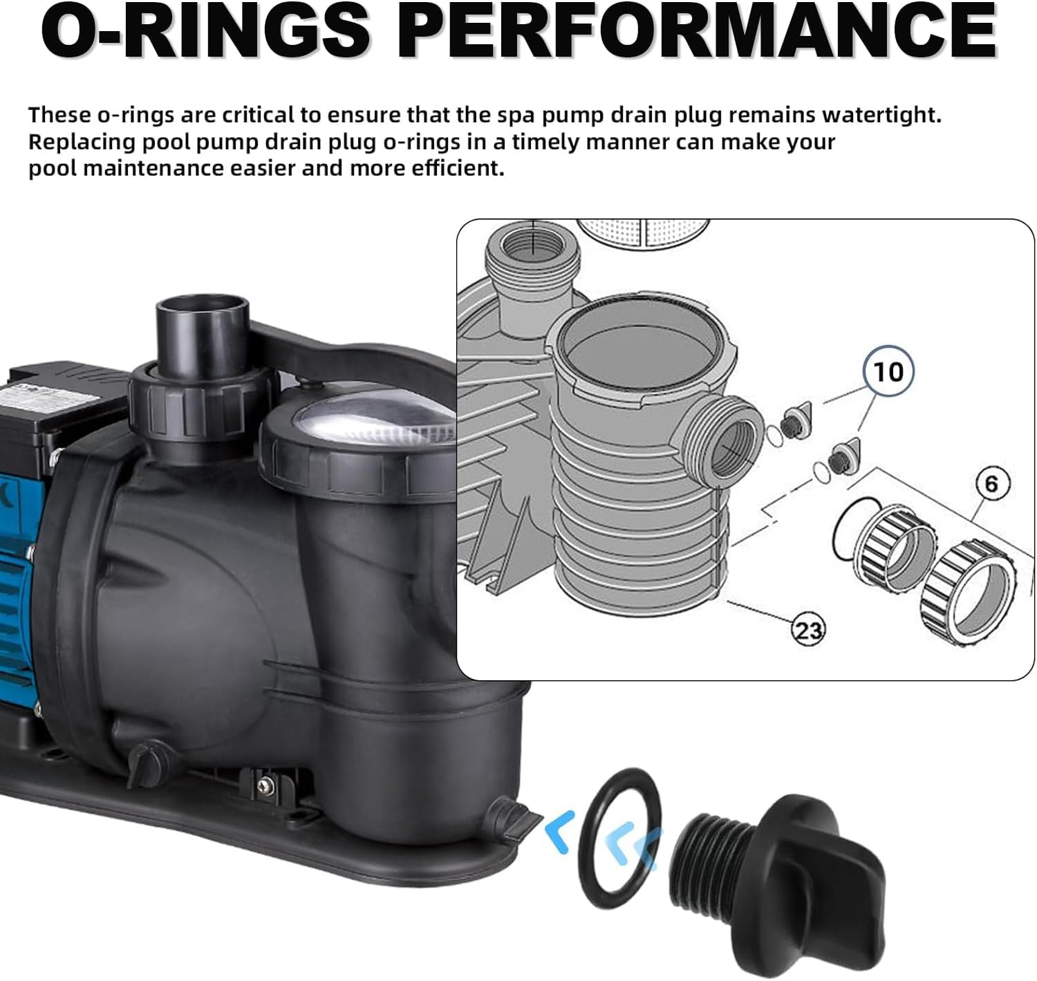 3Pcs R0446000 Drain Plug with 3 O-Rings, Heavy Duty Pool Pump Pipe Gasket & Spa Heater Drain Replacement Parts, Compatible with Zodiac Jandy Filter Pumps & Polaris