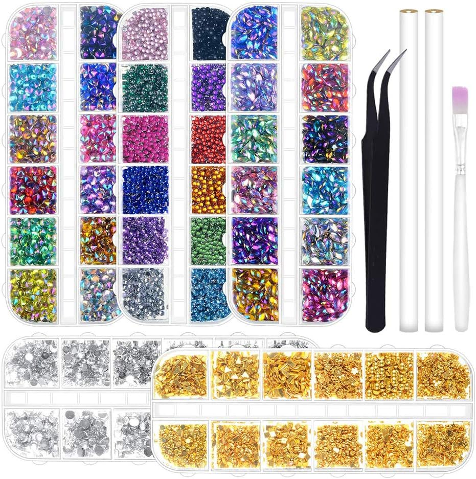 5 Boxes Rhinestones Nail Gems Crystal Art Nail Stone Design Kit Pickup Tools Nail Art DIY