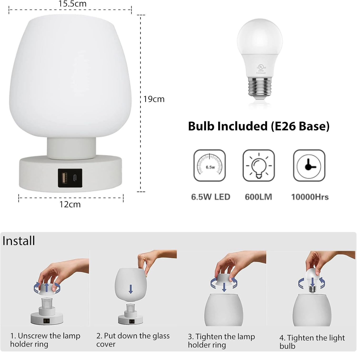 Touch Bedside Table Lamp with 2 USB Charging Ports, 3 Way Dimmable Bedside Lamp with White Opal Glass Lamp Shade, Touch Table Lamp for Bedroom Nightstand, Living Room, Dorm, Home Office image number 5