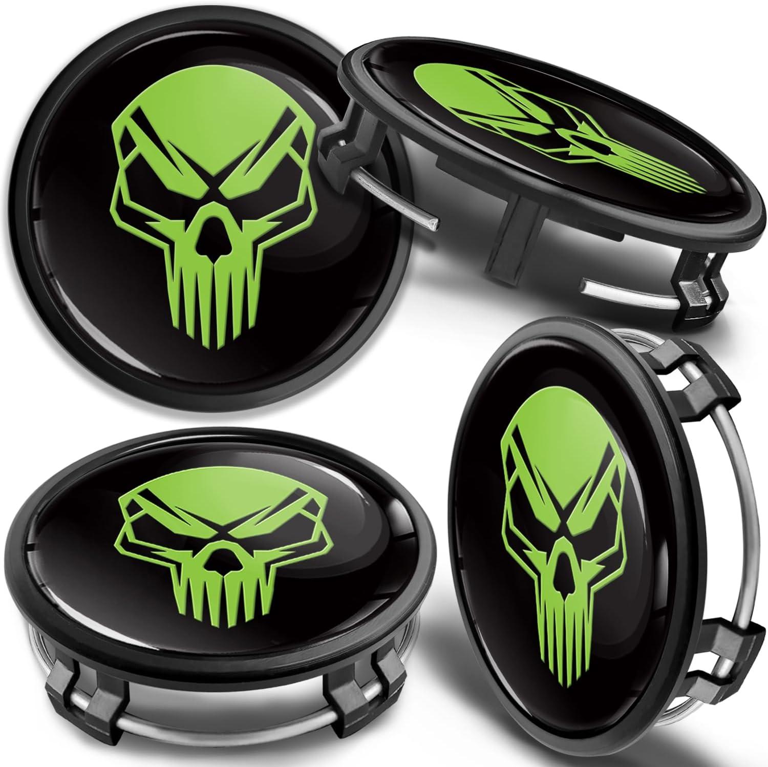 Skinoeu Set of 4 X 75Mm Wheel Centre Caps Compatible with Mercedes Benz B66470207 / B66470200 Alloy Center Hubcaps Skull Green Black CM 39 image number 1