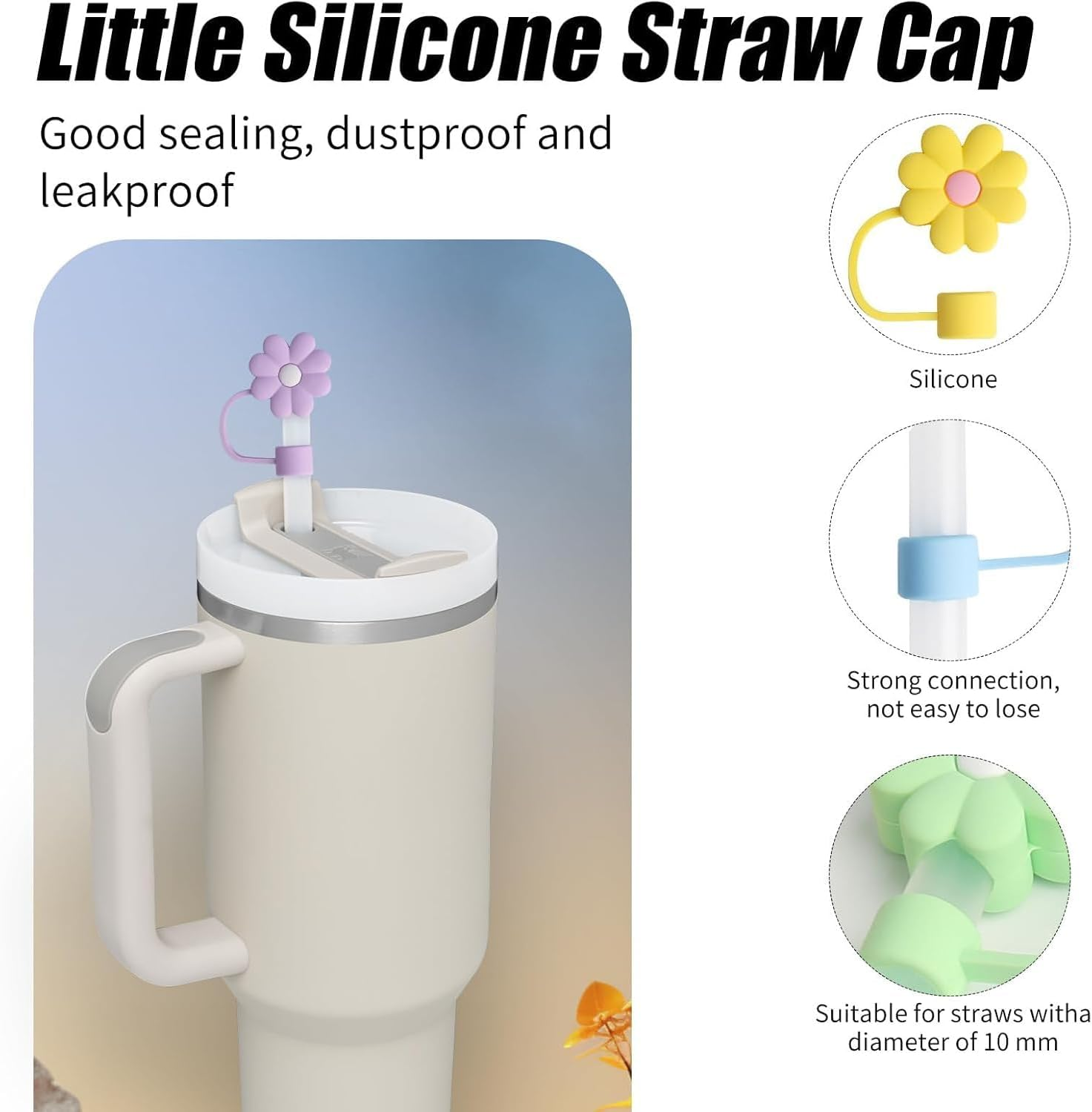 6Pcs Cute Flower Silicone Straw Toppers Accessories Compatible for Stanley Tumbler,Straw Cover Cap for Stanley Cup,Dust-Proof Reusable Straw Tips Lids for Home and Party Decor image number 1