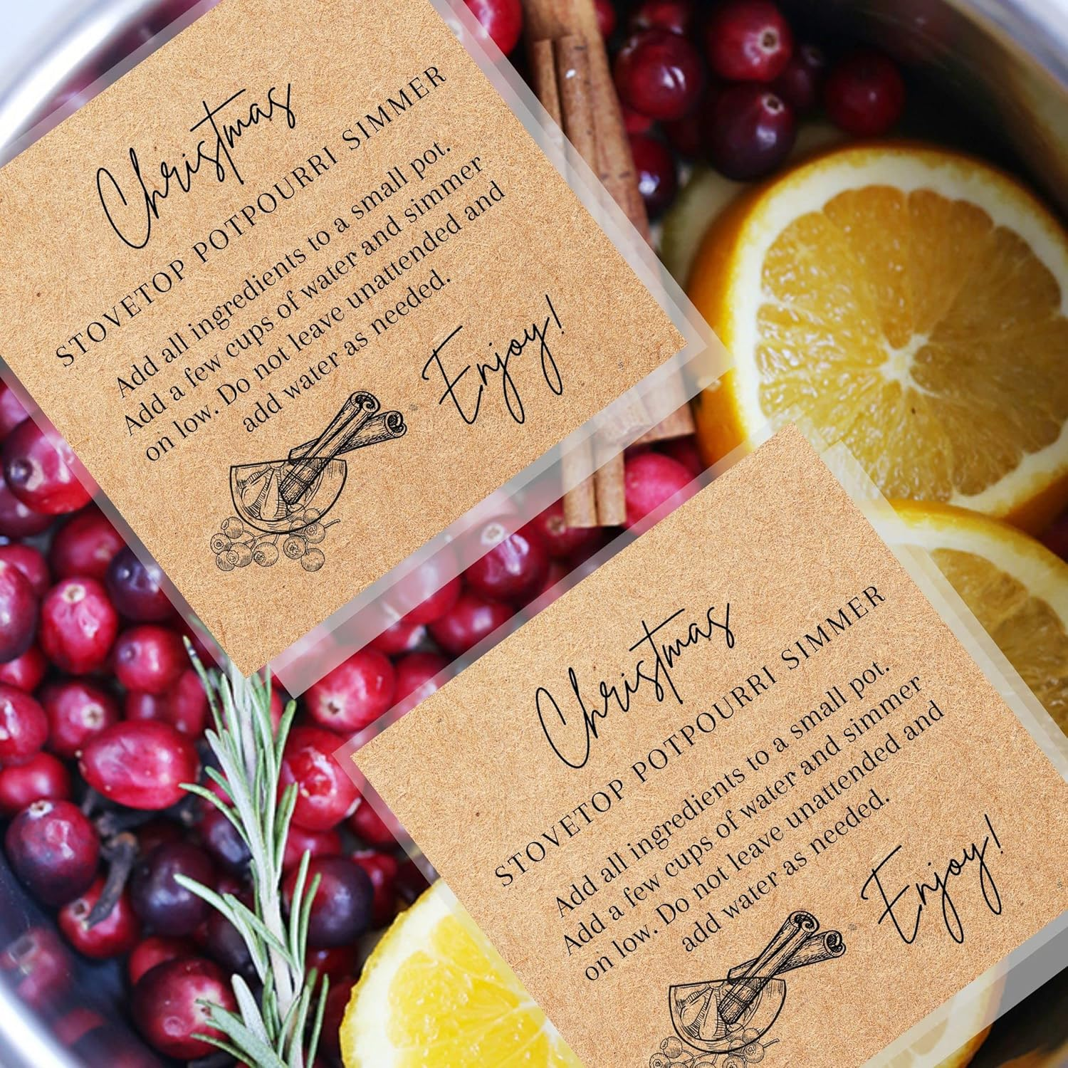 Christmas Stovetop Potpourri Simmer Instruction Cards | 30 Pack | 2.5 X 2.5" Inches Square Card | Potpourri | Kraft Christmas Design image number 4