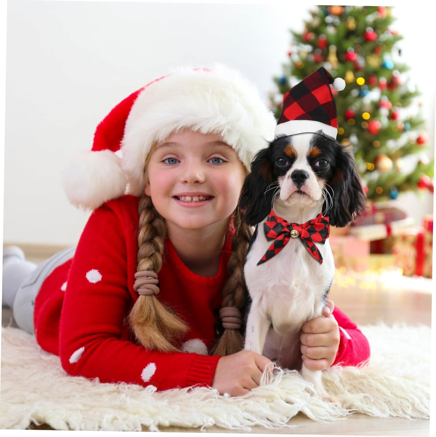 INOOMP Christmas Pet Outfit Set Dog Santa Hat Bow Tie Warm Winter Dog Clothes Cat Xmas Attire Mini Knit Hat for Pups image number 1