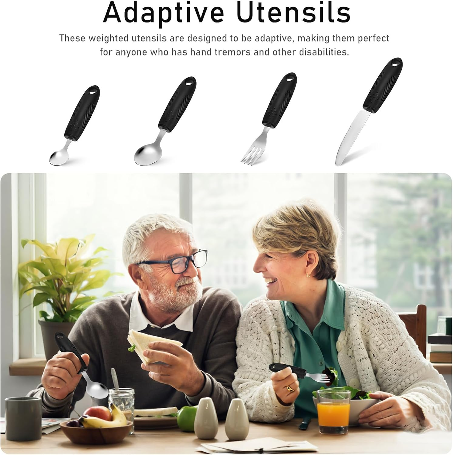 1 Set Adaptive Utensils Set Aid Silverware Stainless Steel Spoon Fork and Knives Self-Feeding Cutlery for Disabled Adults Elderly