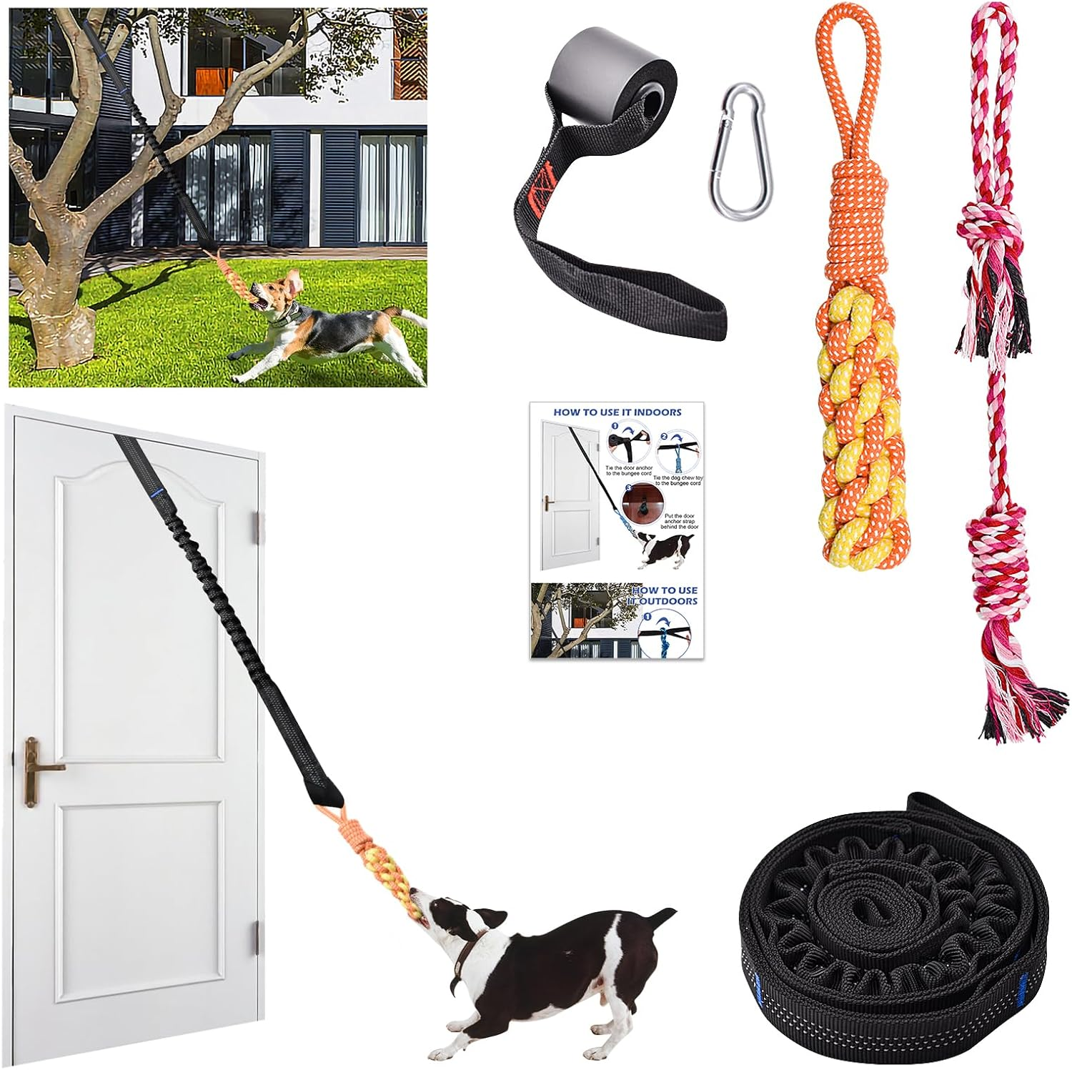 Door Anchor Dog Hanging Bungee Tug Toy for Small Dog Pull Rope and Tug of War, Indoor Outdoor Pull Interactive Toy, Durable Retractable Tugger Dog Rope Toy with 2 Chew Toys for Dogs and Cats