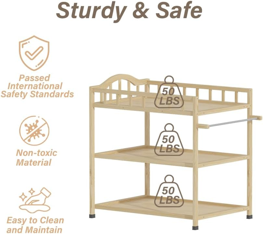 Baby Changing Table with Storage Shelves, Wooden Portable Nursery Diaper Changing Station for Infants, Children'S Room, Bedroom, Natural, Pine Wood image number 2