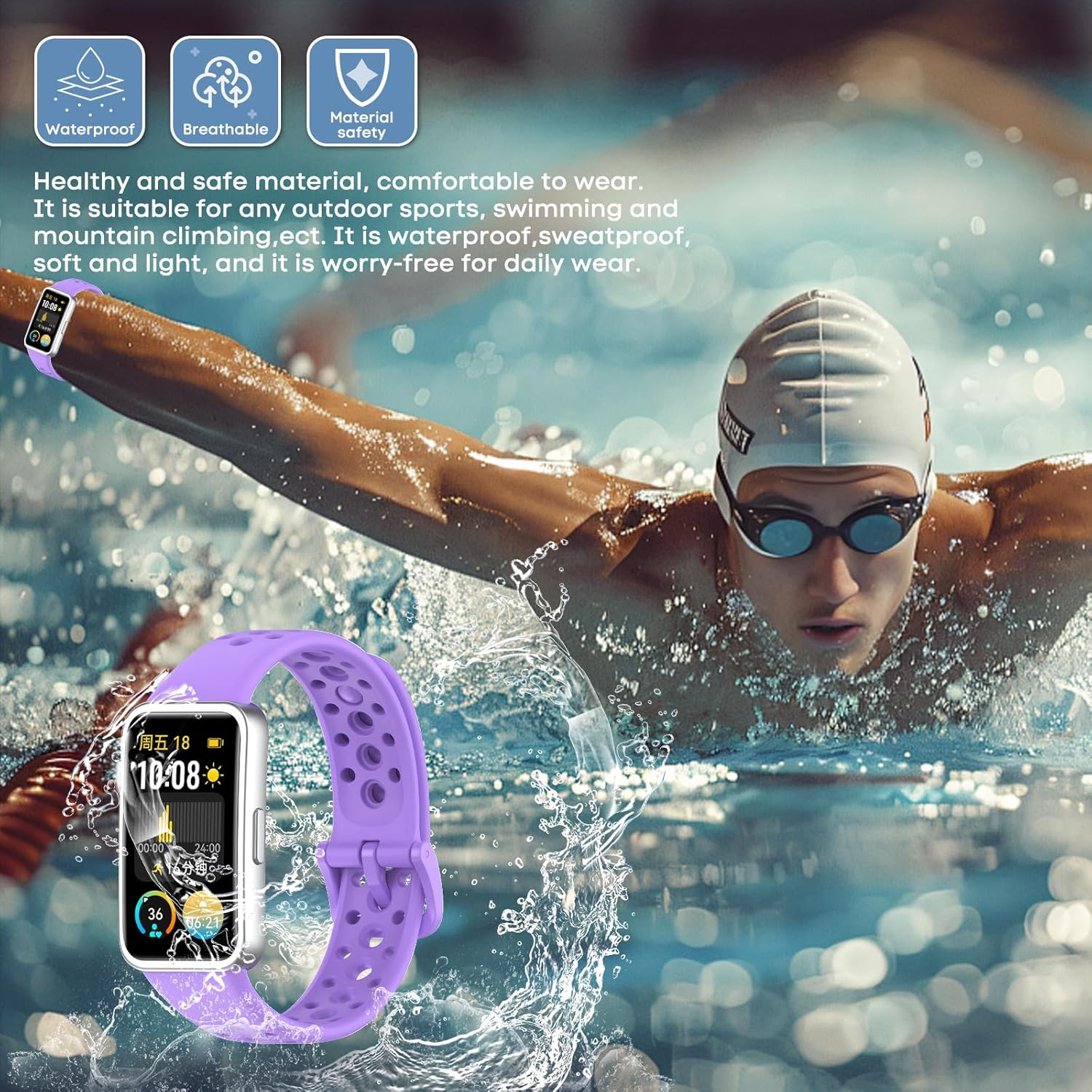 Dhwgang Silicone Strap Compatible with Huawei Band 10 9 8 Wristband, Sporty, Soft, Ventilation Hole Design, Smartwatch Replacement Bands - Gray image number 4