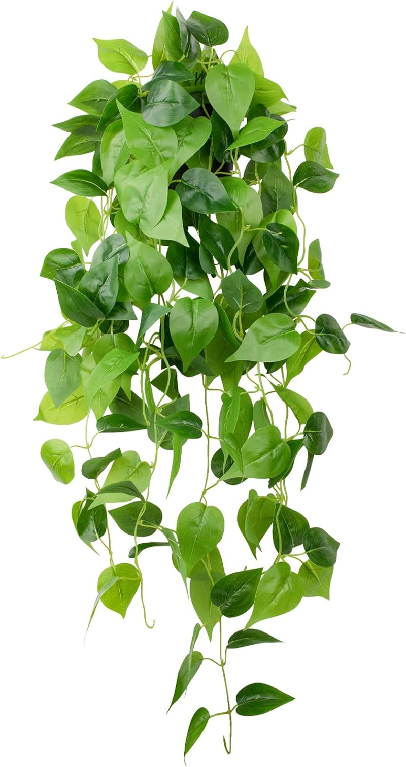 LOYWREE Small Fake Hanging Plant Artificial Potted Plants for Indoor Outdoor Aesthetic - 39In Realistic Faux Hanging Pothos with Ivy Vine for Shelf Decor in Home Office Gardens Greenery (Black Pot)