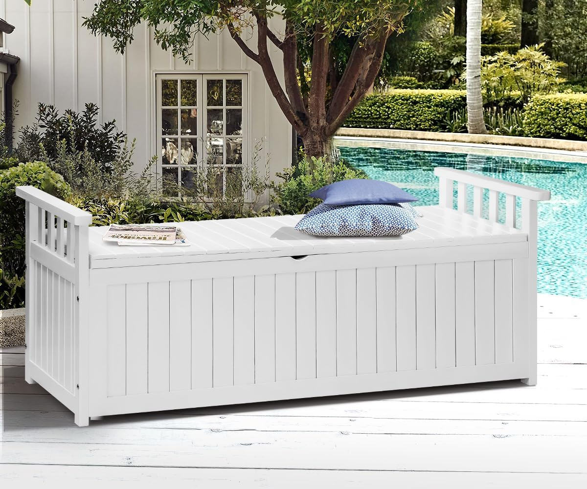 LI LIVSIP 200L Outdoor Storage Deck Box Bench, Waterproof & Lockable Large Storage Box Container Bench with Wheels & Handle for Cushion Pillow Toys Garden Tools, White image number 1